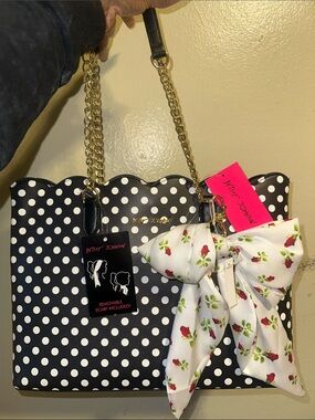 Betsey Johnson Black & White Polka Dot Tote with Floral Bow Scarf